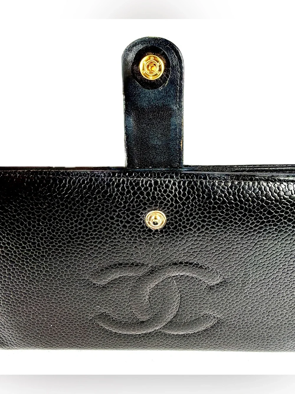 Chanel Black Caviar Leather Long Snap Bifold Wallet | Vintage CC Logo
